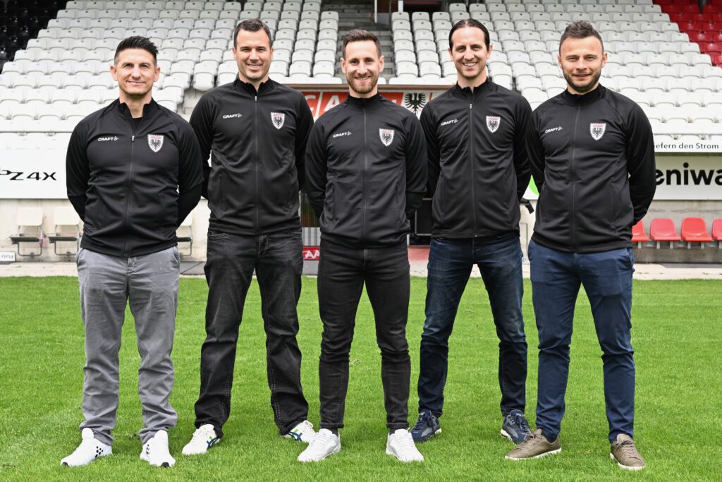 Geschäftsleitung, von links nach rechts): Pascal Bünter, Leiter Marketing; Frédéric Page, Leiter Nachwuchs; Jérôme Thiesson, Leiter Operativer Betrieb; Sandro Burki, CEO; Elsad Zverotic, Sportchef.