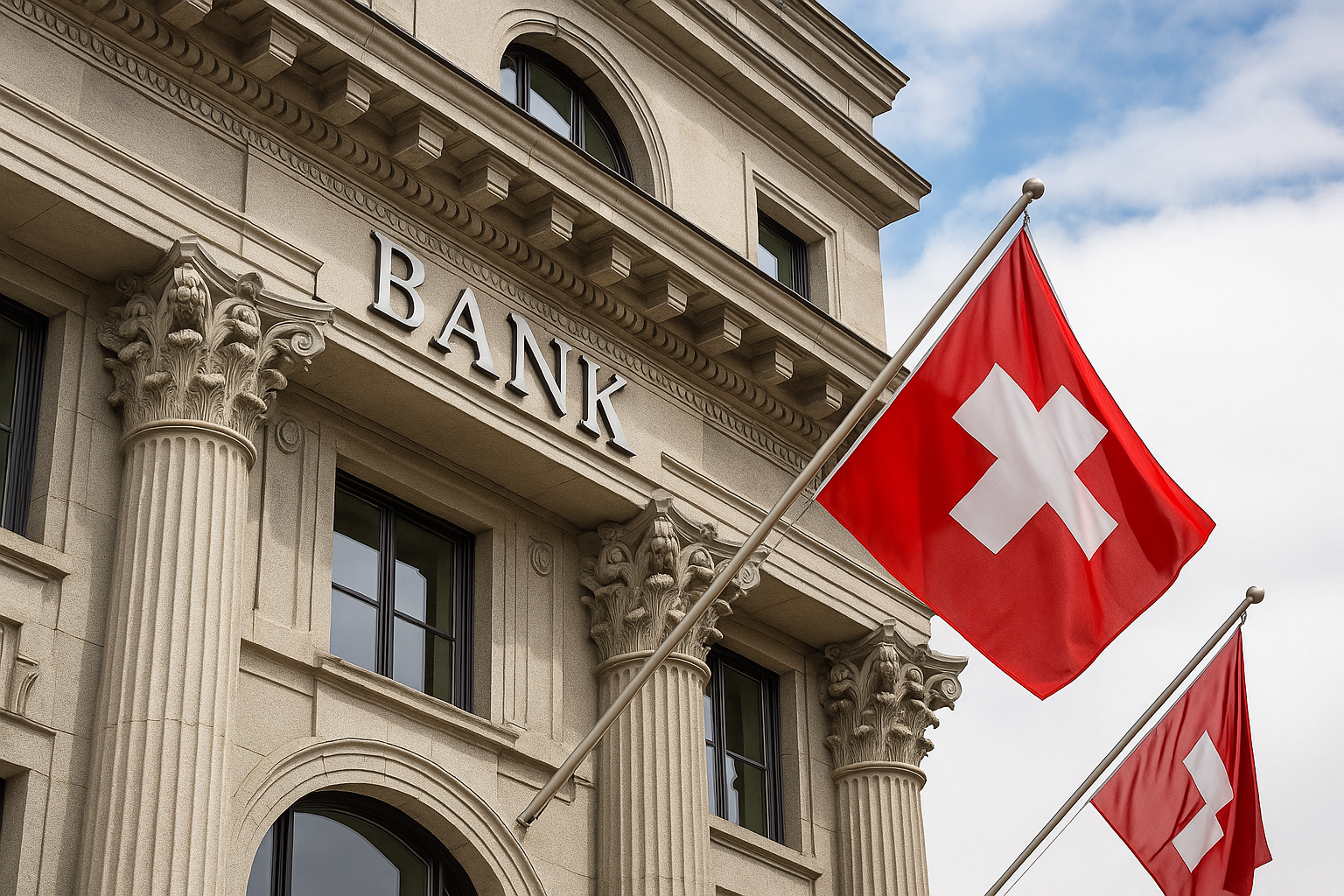 Schweizer Bankgebäude mit Nationalflagge bei Tageslicht