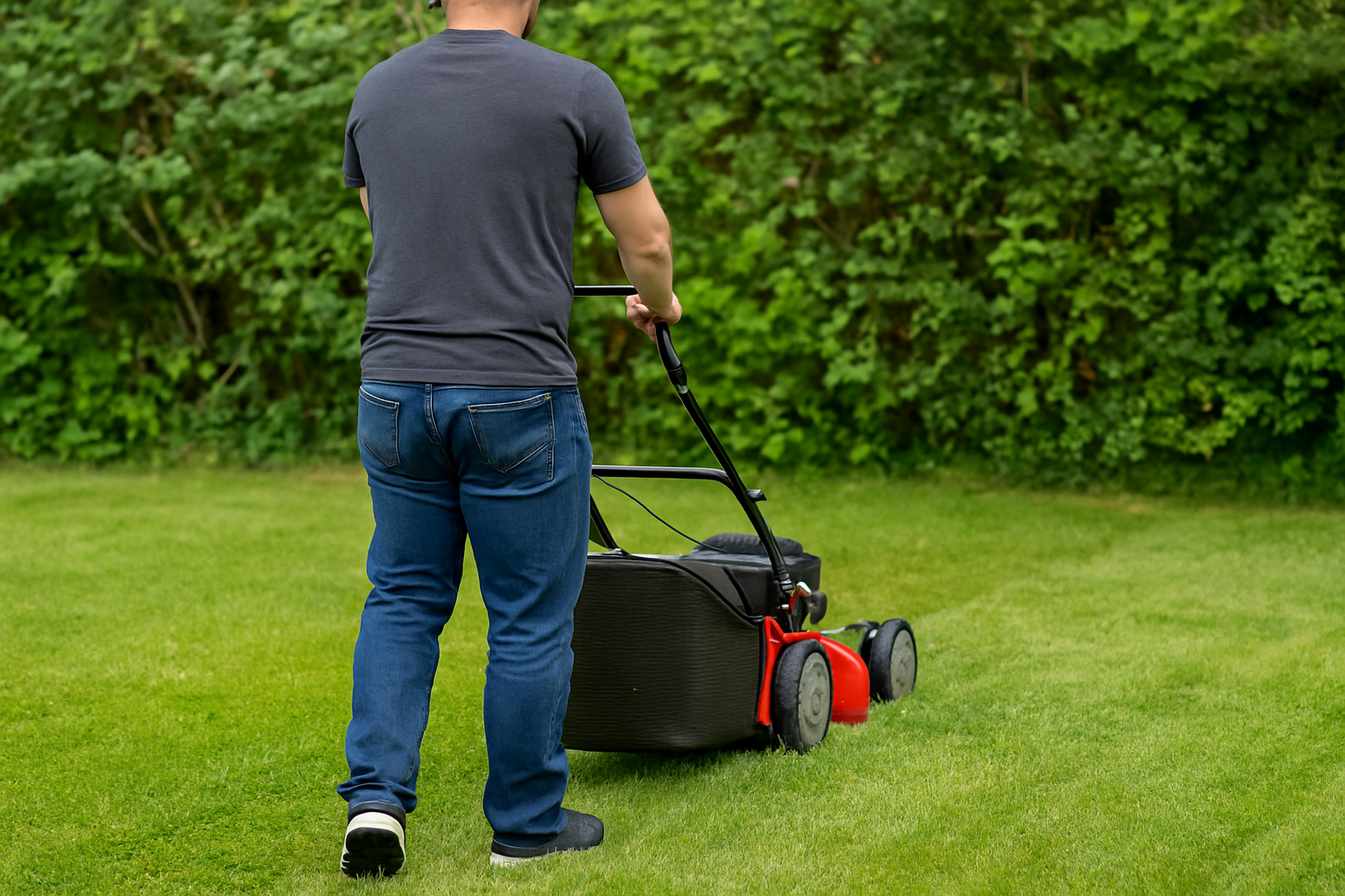 Mann mäht den Rasen im Garten – von hinten fotografiert