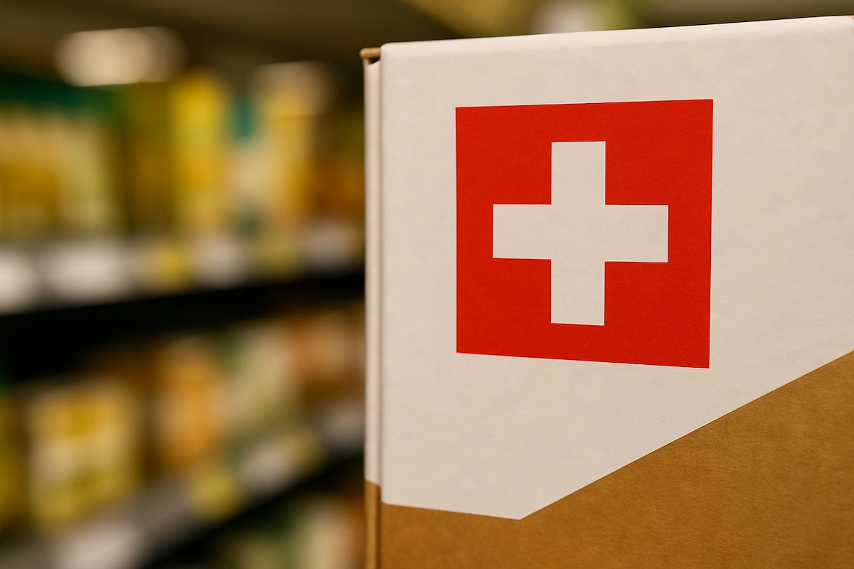 Schweizer Herkunftszeichen auf Produktverpackung im Supermarktregal
