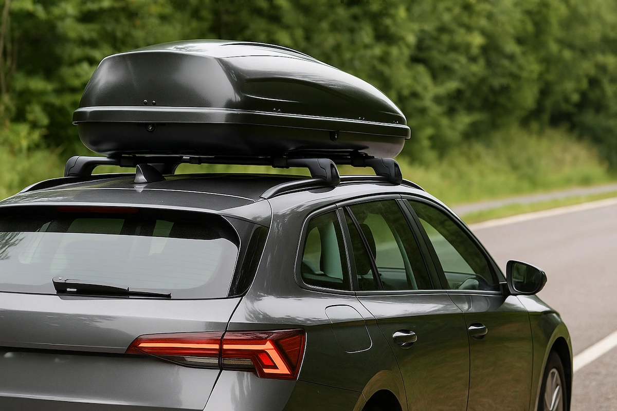 Sicher montierte Dachbox auf grauem SUV an Landstrasse