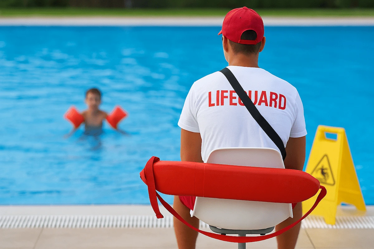 Bademeister beobachtet Kind im Schwimmbecken – Sicherheit im Schwimmbad