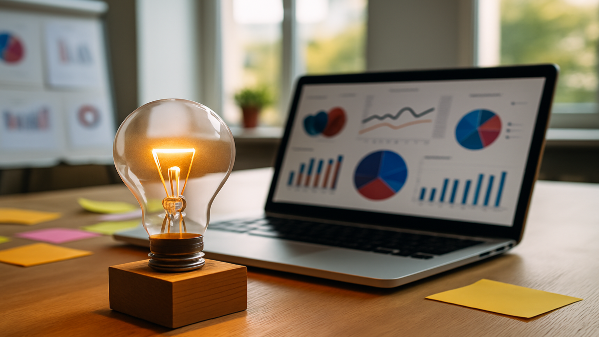 Leuchtende Glühbirne vor Laptop mit Startup-Diagrammen und Charts