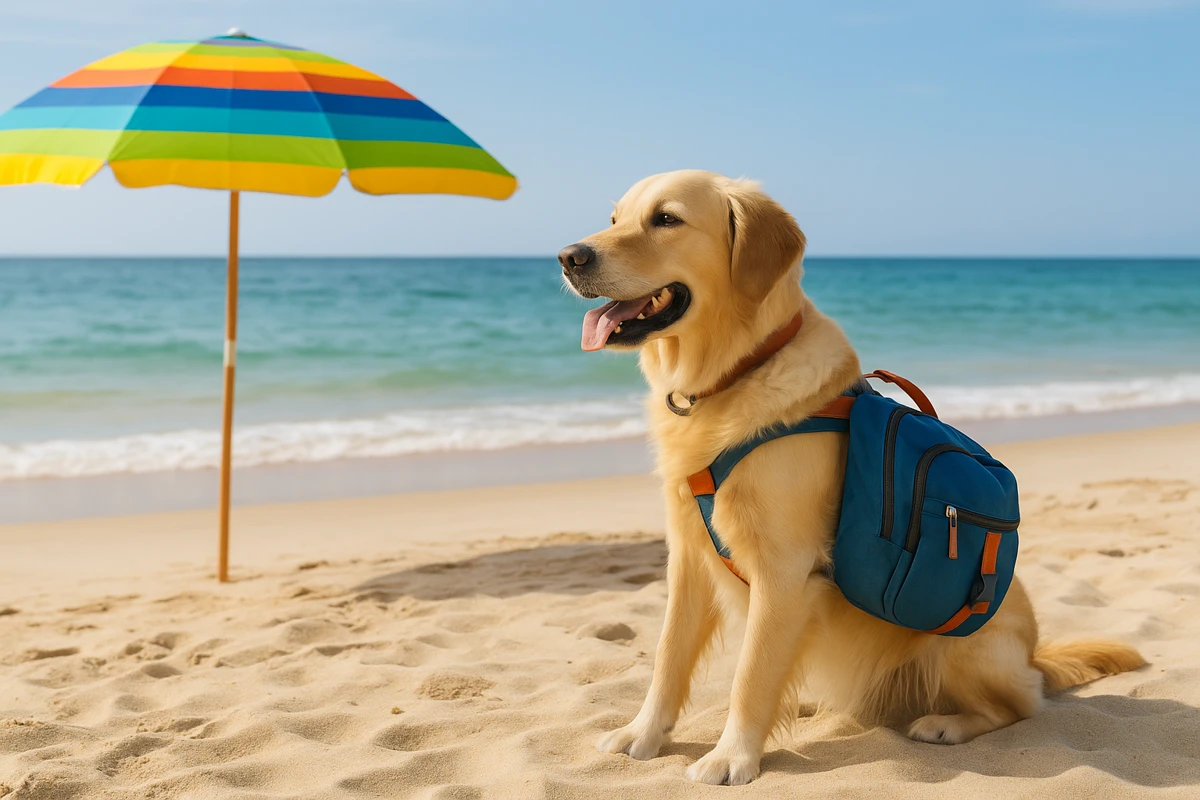 Golden Retriever mit Rucksack sitzt am Strand neben Sonnenschirm