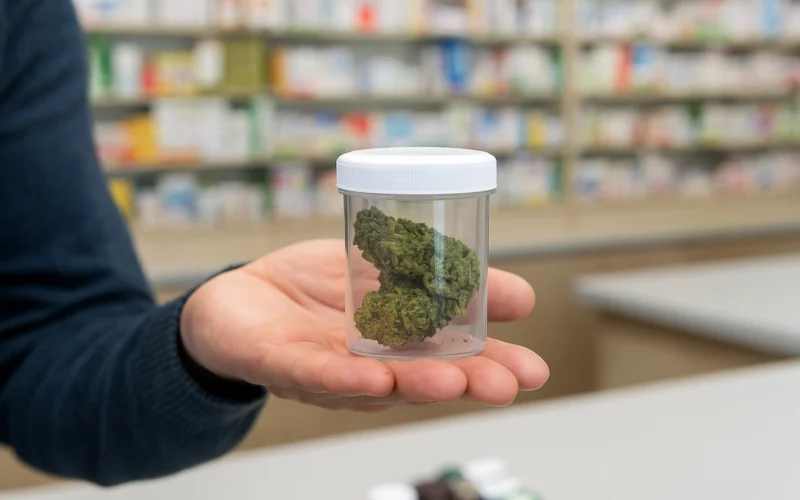 Hand hält Dose mit getrocknetem Cannabis vor Apothekenregal