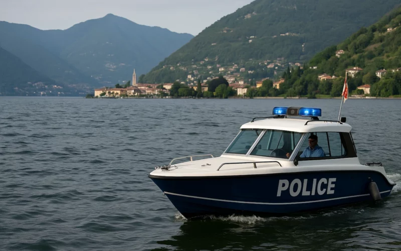 Polizeiboot mit Blaulicht fährt über den Comer See vor italienischer Bergkulisse