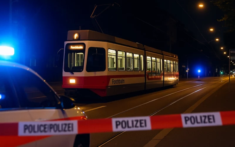 Symbolbild: Forchbahn bei Nacht mit Blaulicht und Polizeiabsperrung auf der Forchstrasse