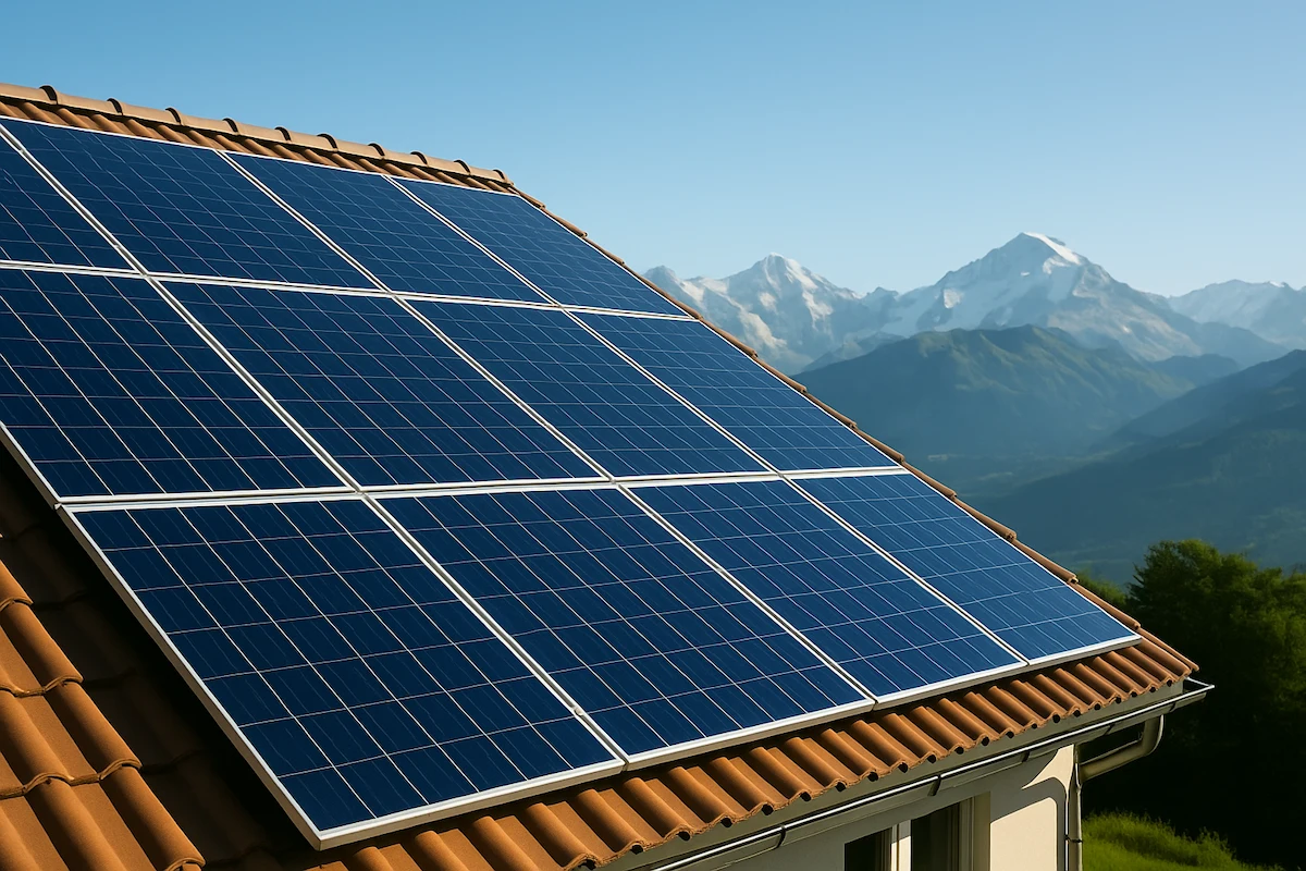 Photovoltaikanlage auf Ziegeldach mit Alpenpanorama im Hintergrund