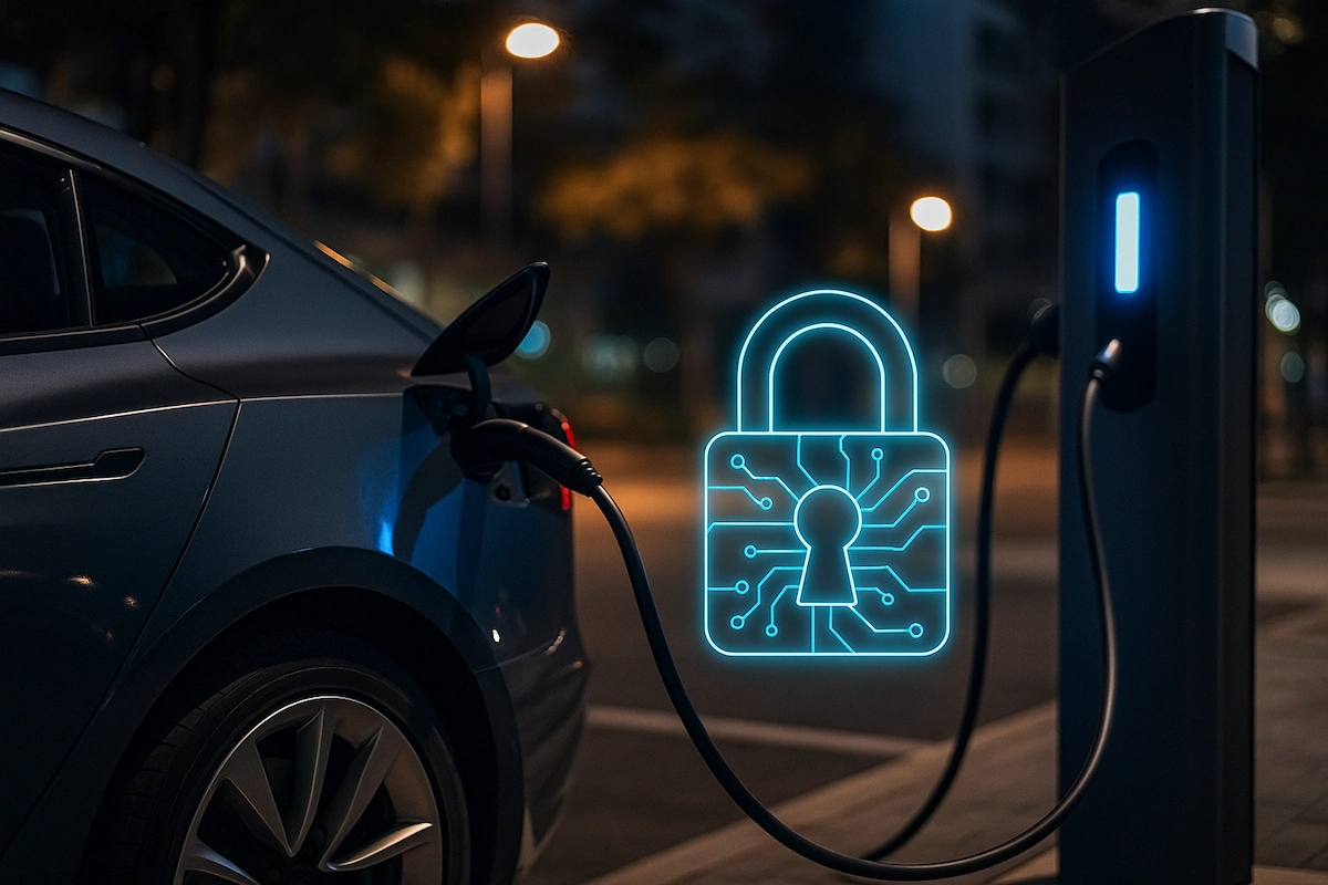 Ein Elektroauto lädt an einer dunklen Ladesäule, daneben ein digitales Vorhängeschloss als Symbol für Cybersicherheit