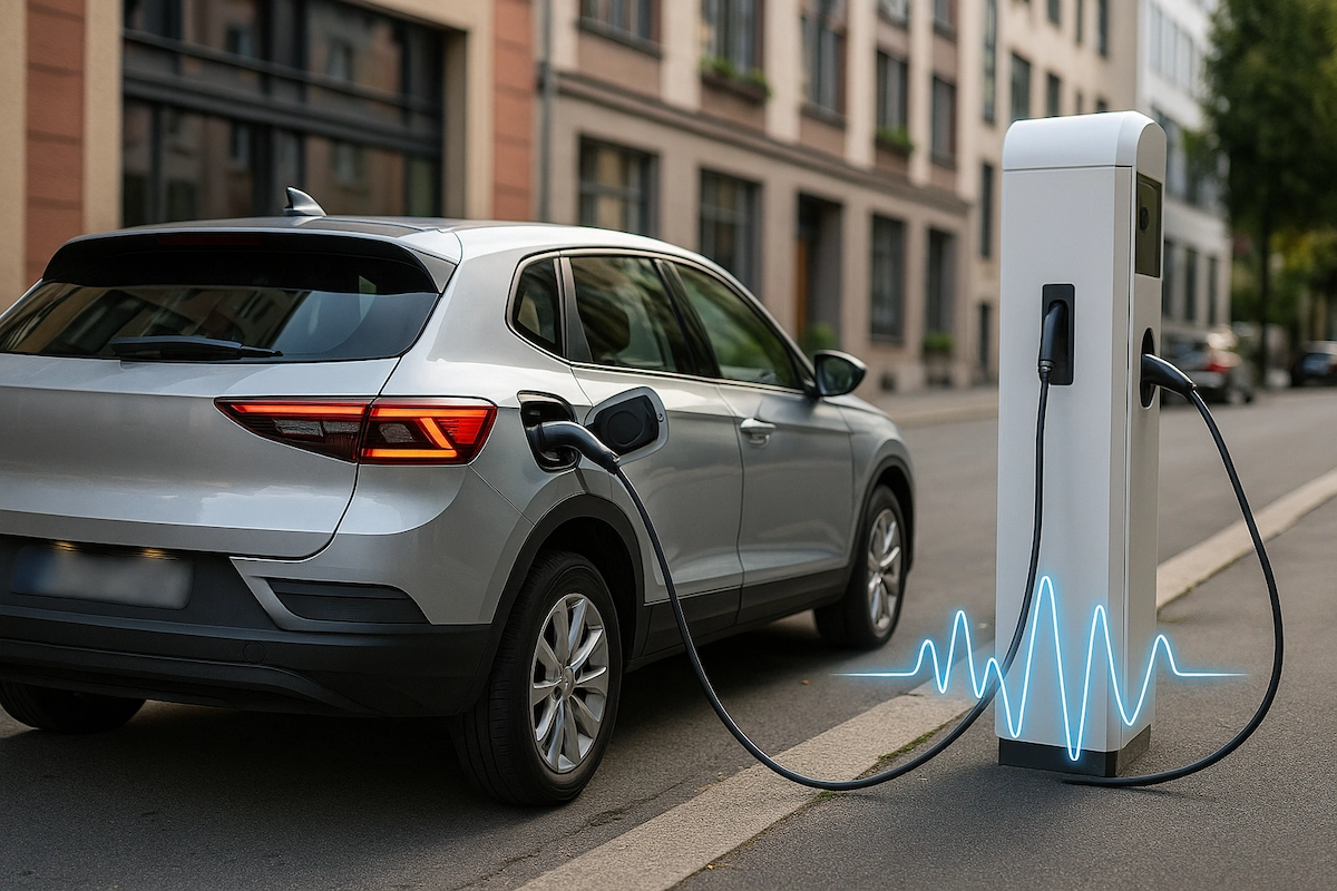 Silbergraues Elektroauto mit angeschlossenem Kabel an Ladestation im Stadtgebiet