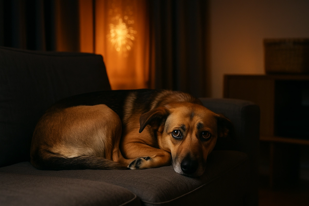 : Hund liegt ängstlich auf dem Sofa, während draussen Feuerwerk leuchtet