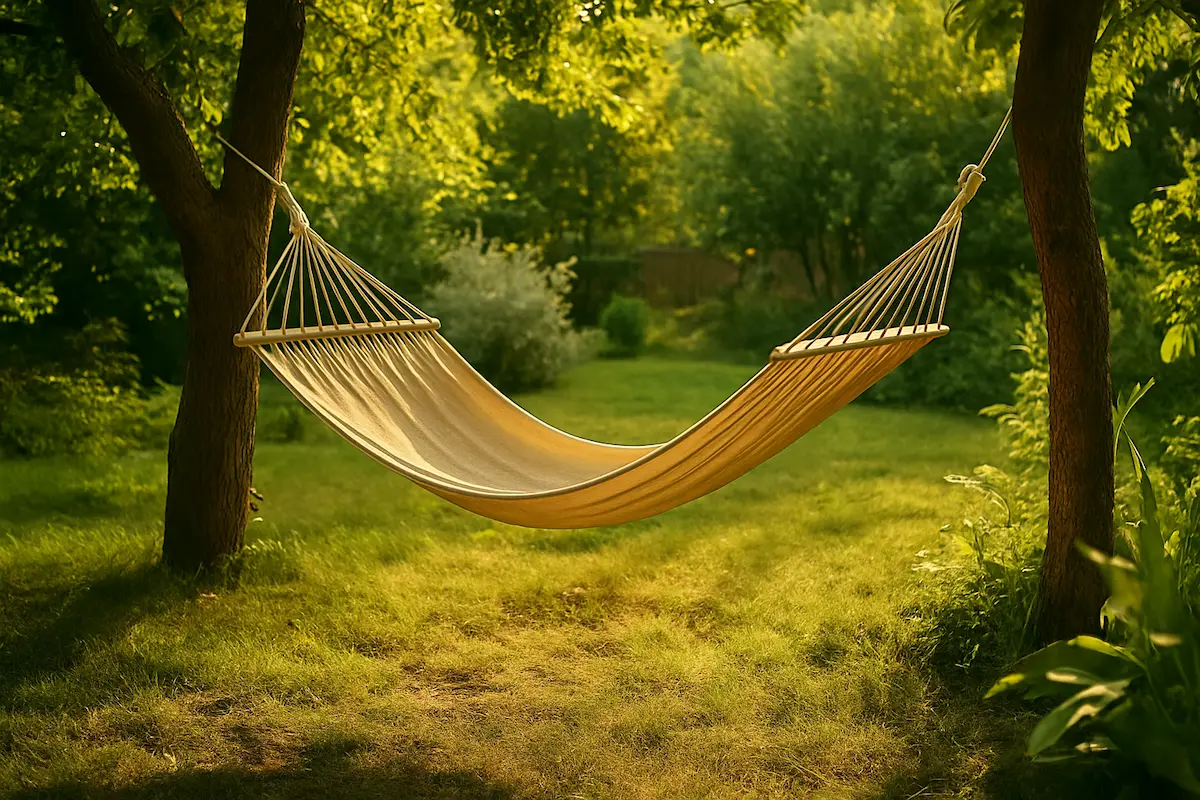 Beige Hängematte gespannt zwischen zwei Bäumen in einem sonnigen Garten