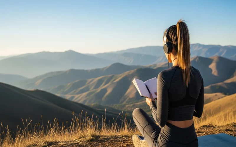 Frau mit Kopfhörern schreibt in Notizbuch mit Blick auf Berglandschaft