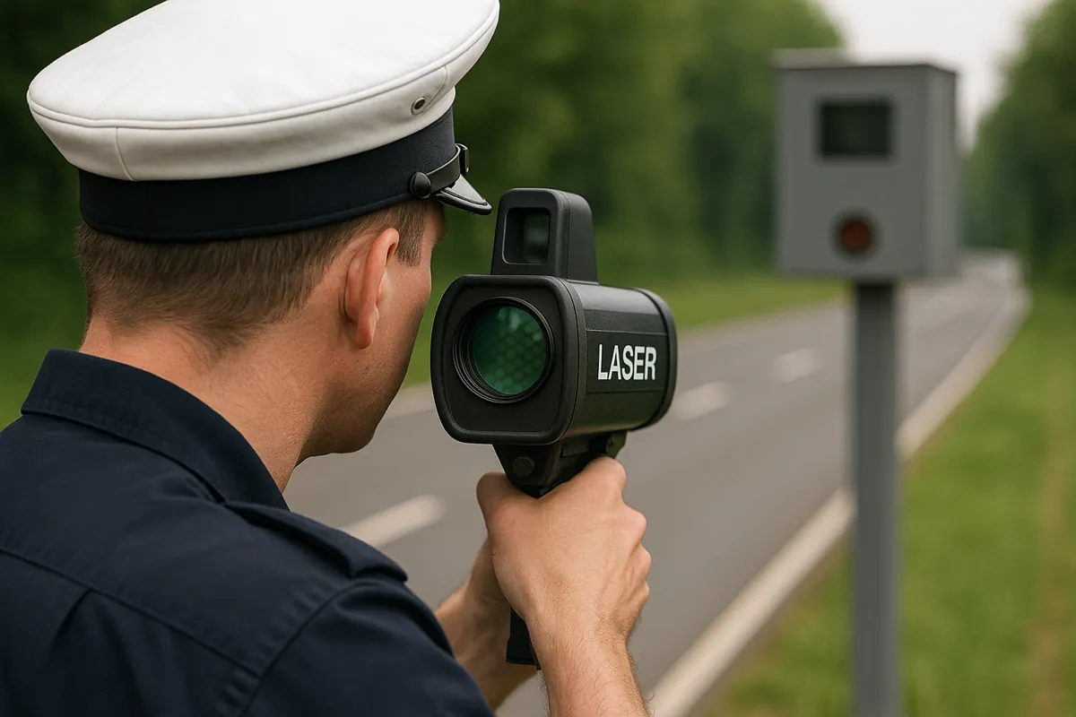 Polizist mit Laserpistole bei Geschwindigkeitsmessung in der Schweiz