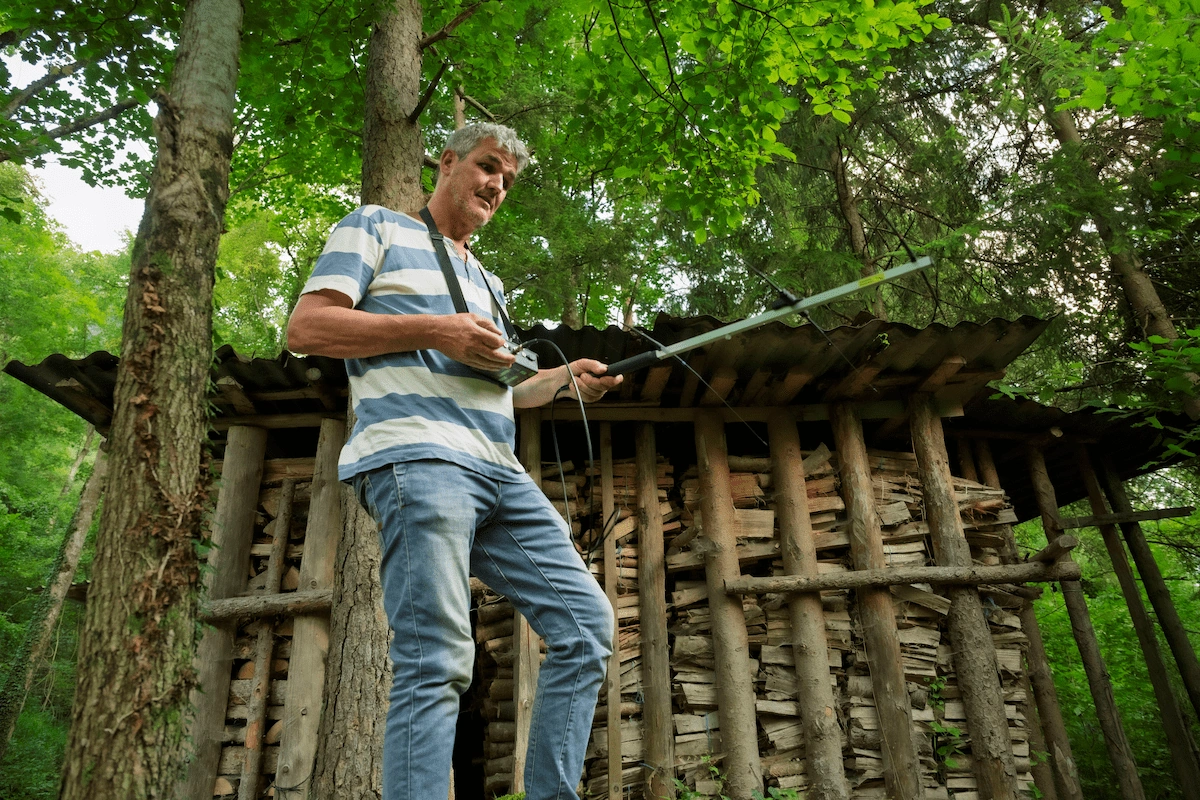 Imker mit Funkempfänger im Wald auf Nestsuche nach Asiatischer Hornisse