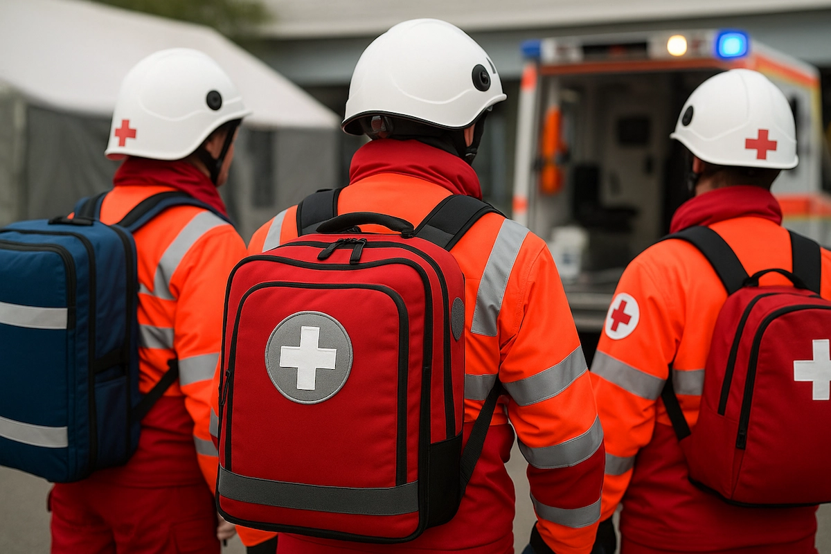 Drei Sanitäter in Schutzkleidung mit Notfallrucksäcken vor einem Rettungswagen