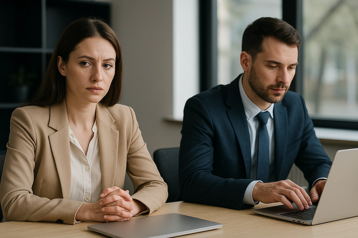 Frau und Mann in Business-Kleidung, Büro-Szene mit Konzentration und Nachdenklichkeit