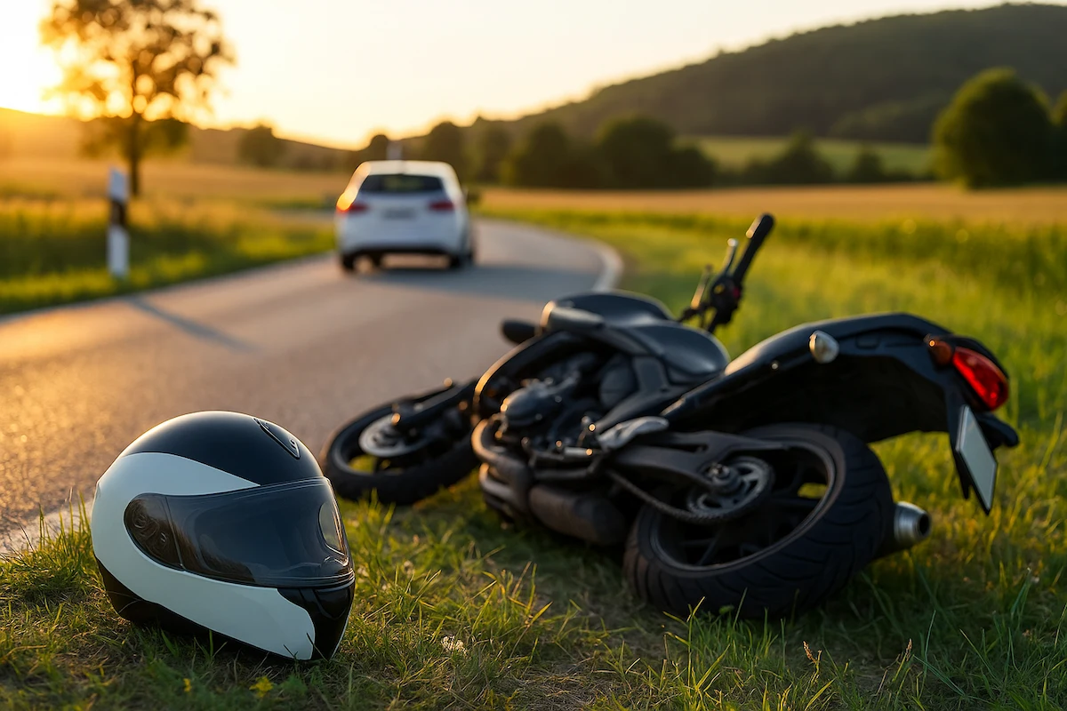 Motorrad liegt nach Unfall im Gras, weisser Kleinwagen fährt auf Landstrasse davon