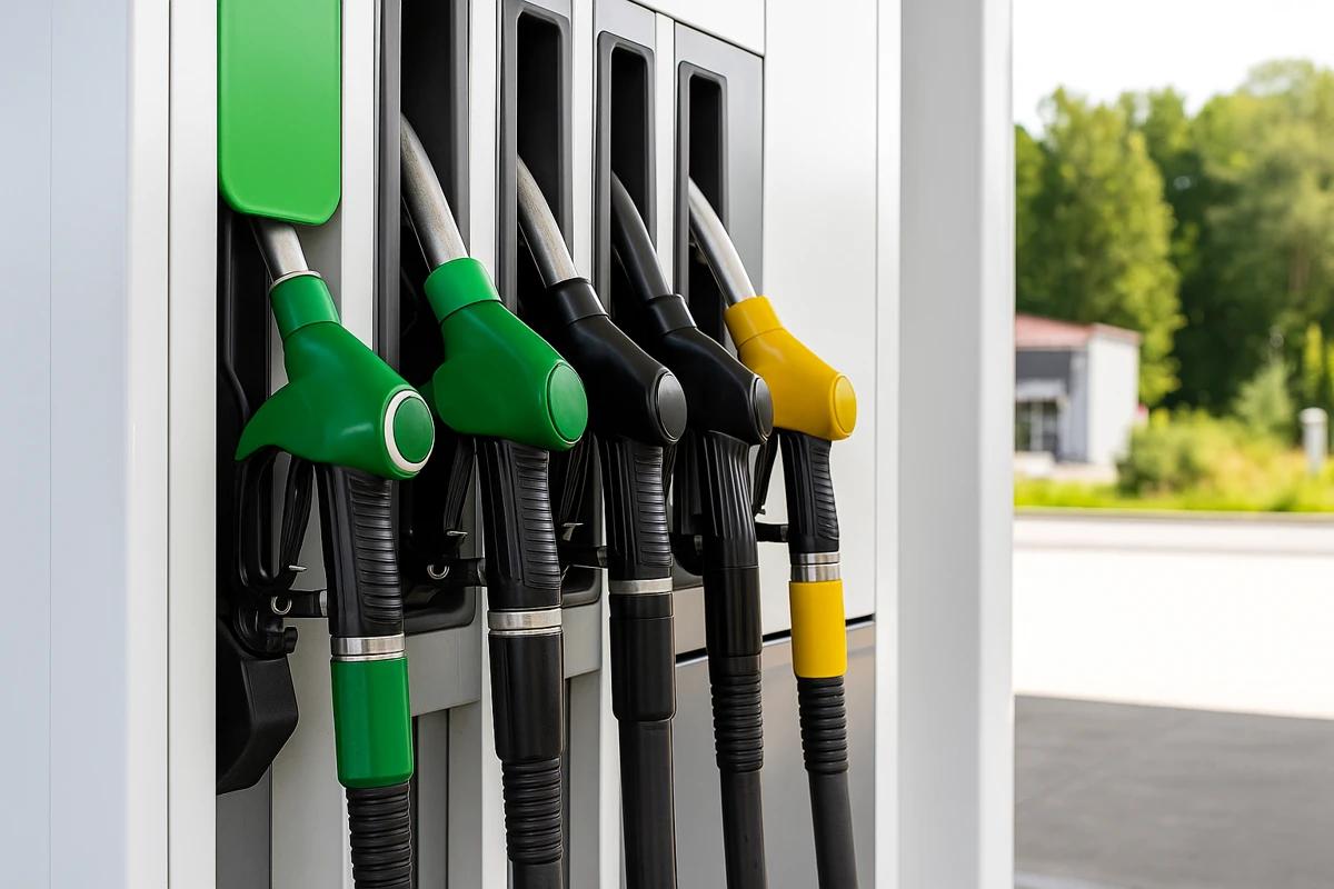 Zapfsäule an einer Schweizer Tankstelle im Sonnenlicht – ohne sichtbare Preisanzeigen oder Text