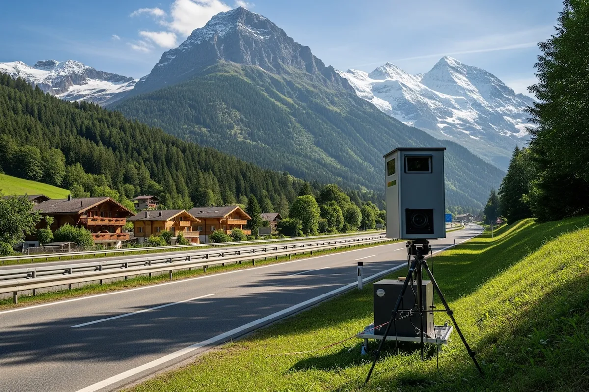 Blitzer an Hauptstrasse im Tessin mit Blick auf Berge und Chalets
