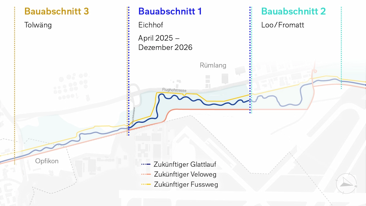 Kartendarstellung der geplanten Bauabschnitte der Glattrevitalisierung mit Glattverlauf, Fuss- und Veloweg