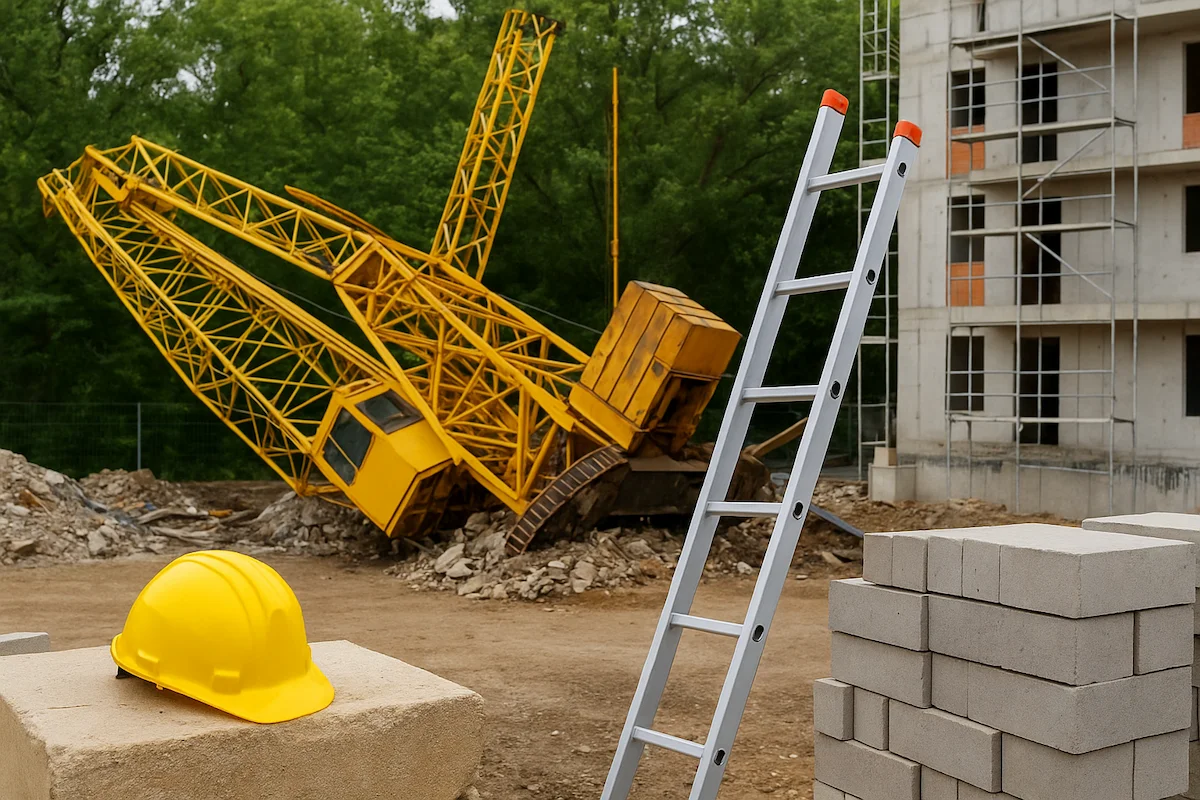 Umgestürzter Baukran und Leiter auf einer Baustelle – Symbolbild Arbeitsunfall