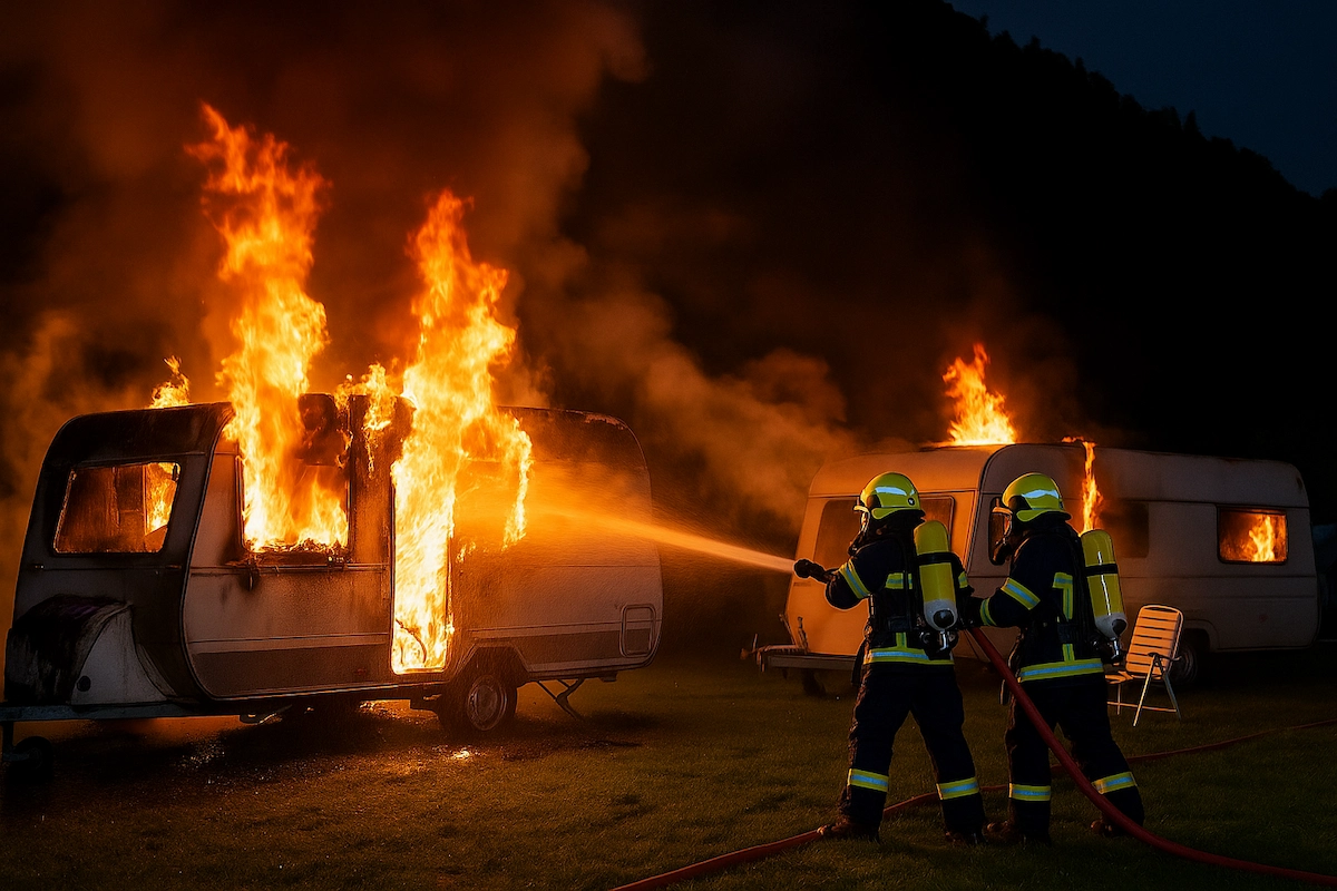 Zwei Feuerwehrleute löschen brennende Wohnwagen auf einem Campingplatz bei Nacht