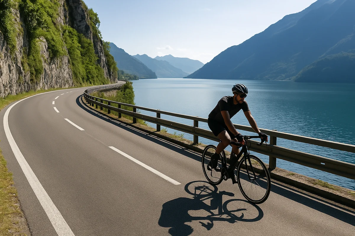 Rennradfahrer auf der Axenstrasse am Vierwaldstättersee bei sonnigem Wetter – temporäre Aufhebung des Veloverbots