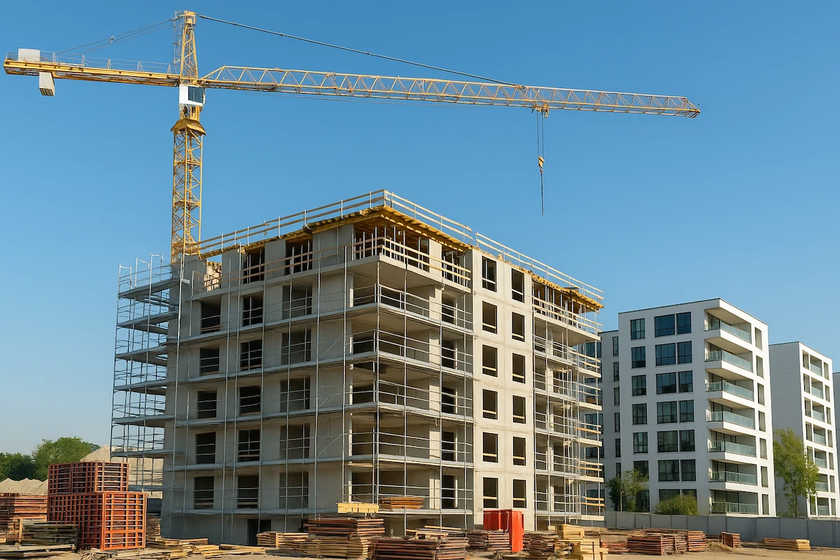 Symbolbild Wohnungsbau in der Schweiz: Neubau mit Baukran und moderner Architektur