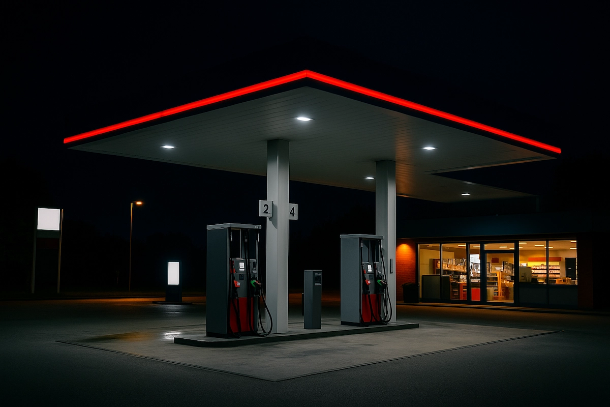 Symbolfoto: Tankstelle bei Nacht, beleuchtete Zapfsäulen, unscharfer Hintergrund