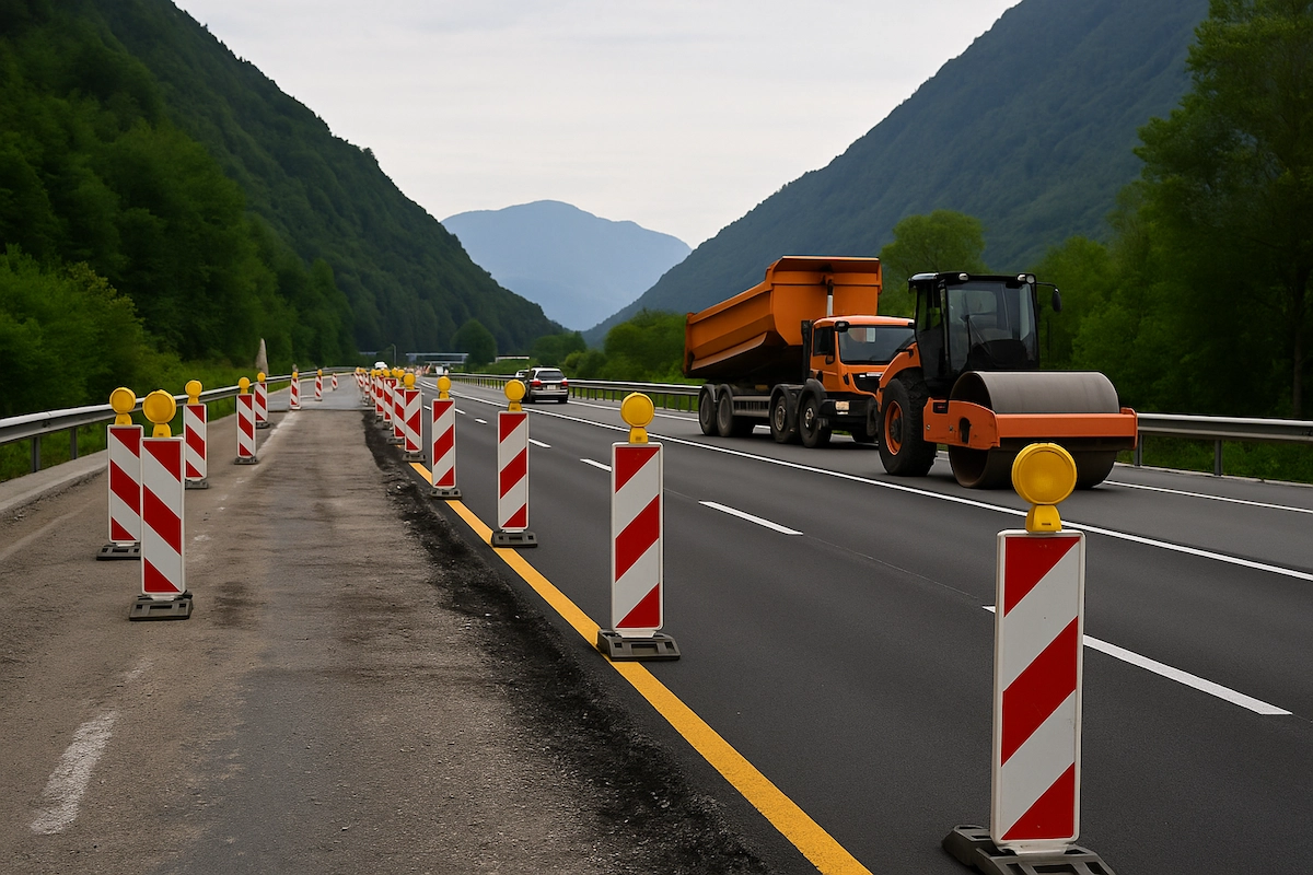 Baustelle auf der A13 mit Warnbaken und Baugeräten in den Schweizer Alpen