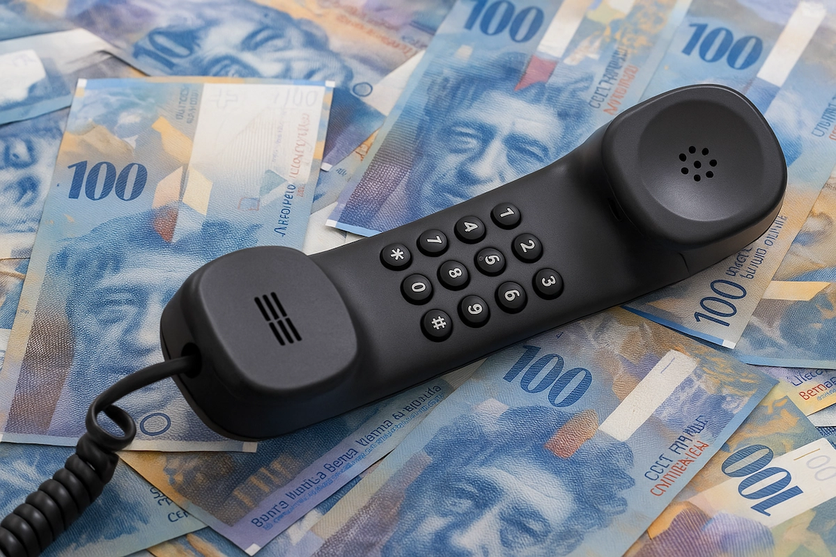 Schwarzer Telefonhörer liegt auf mehreren 100-Franken-Scheinen