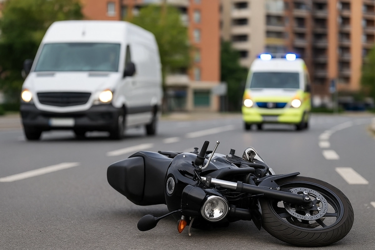 Umgestürztes Motorrad nach Unfall auf Stadtstrasse, im Hintergrund Lieferwagen und Ambulanz