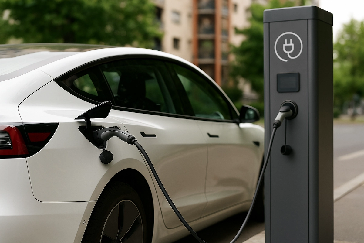 Weisses Elektroauto lädt an einer modernen Ladestation in urbaner Umgebung
