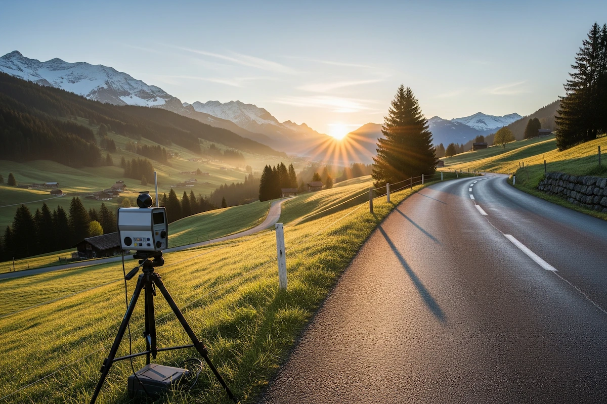 Mobiler Blitzer am Strassenrand im Kanton Solothurn bei Sonnenaufgang
