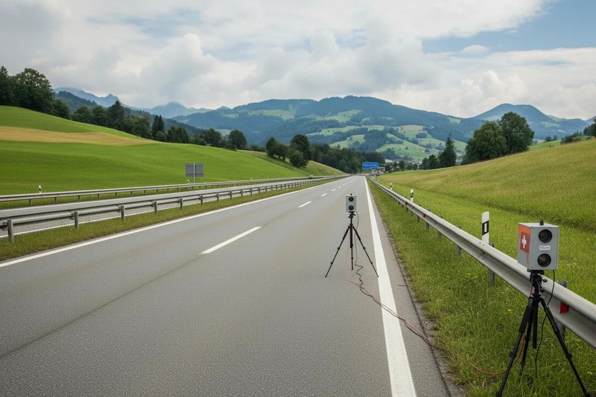 Mobile Radarkontrolle mit Messgerät auf Schweizer Autobahn